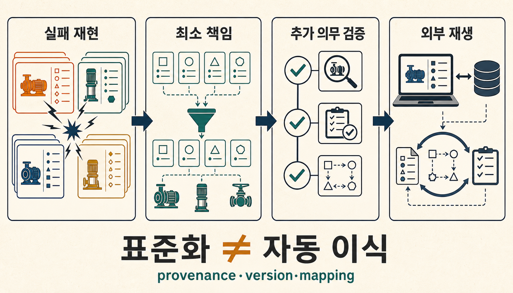 표준 선택 뒤에도 provenance, version, mapping, validation, ownership과 외부 재생이 남으며 export 성공과 semantic portability가 같은 것이 아님을 보여주는 exit drill