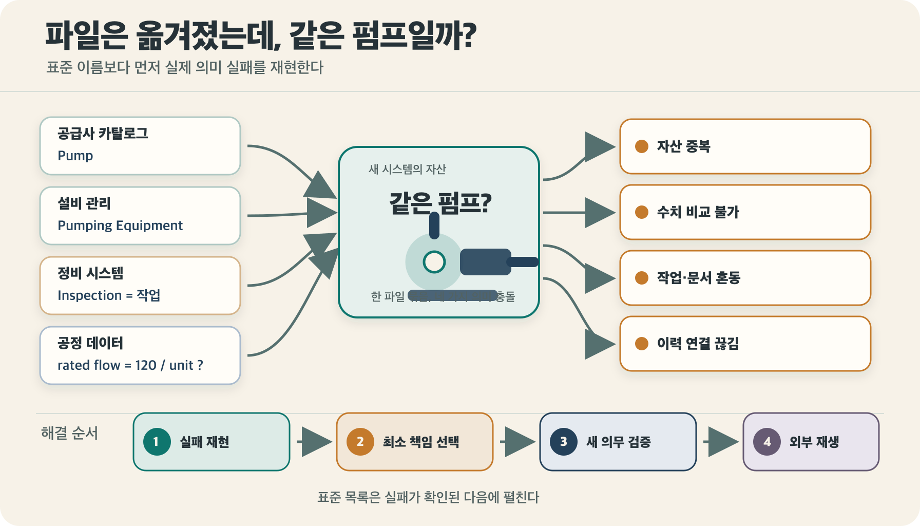 공급사 카탈로그, 설비 관리, 정비, 공정 데이터 플랫폼에서 같은 펌프가 이름·단위·작업·이력 충돌로 갈라지고, 실패 재현 뒤 필요한 의미 책임만 선택하는 흐름
