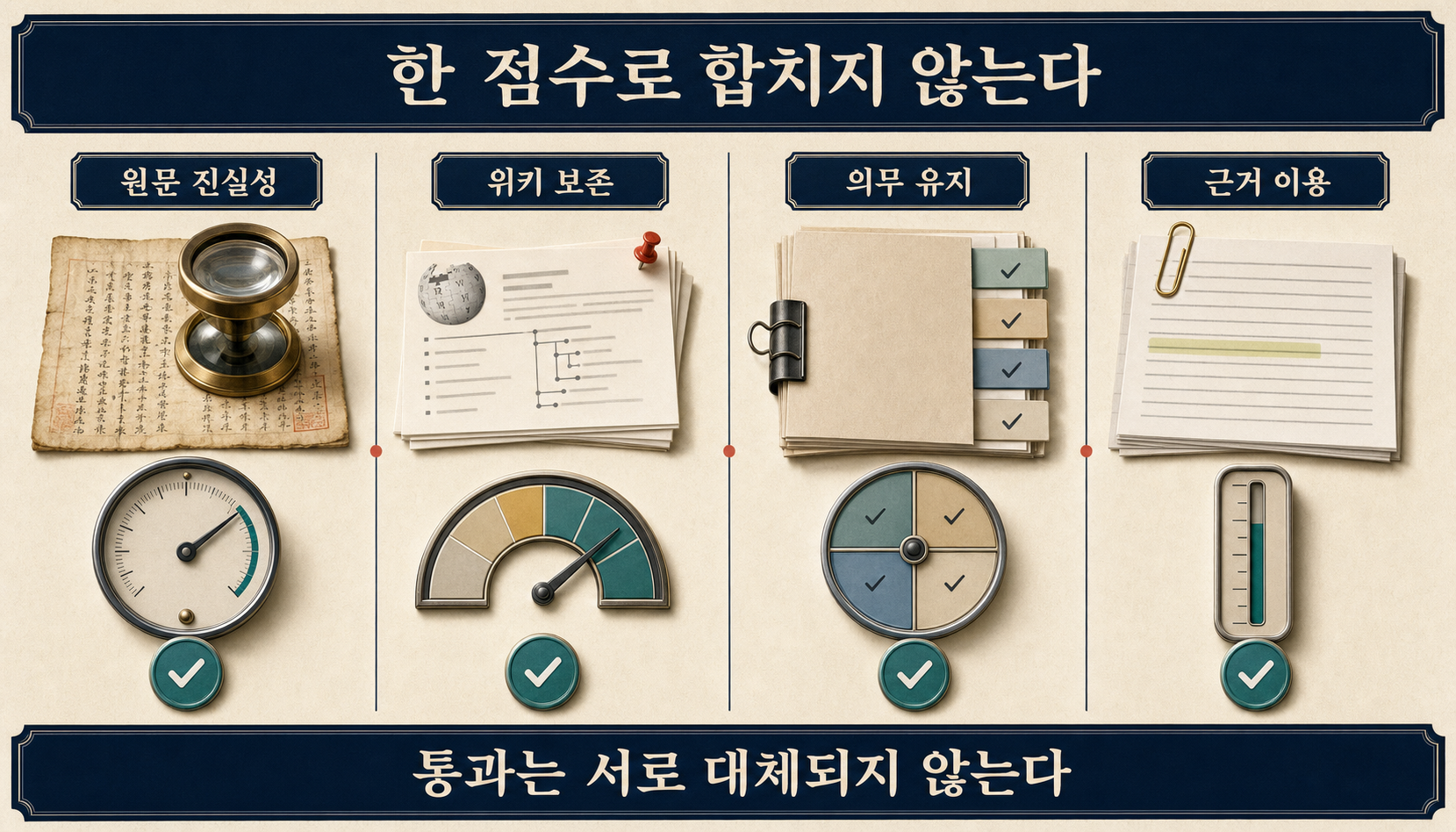 원문 진실성·Wiki 보존·Context 의무 유지·답변 이용을 서로 대체할 수 없는 네 축으로 분리한 검증 사다리