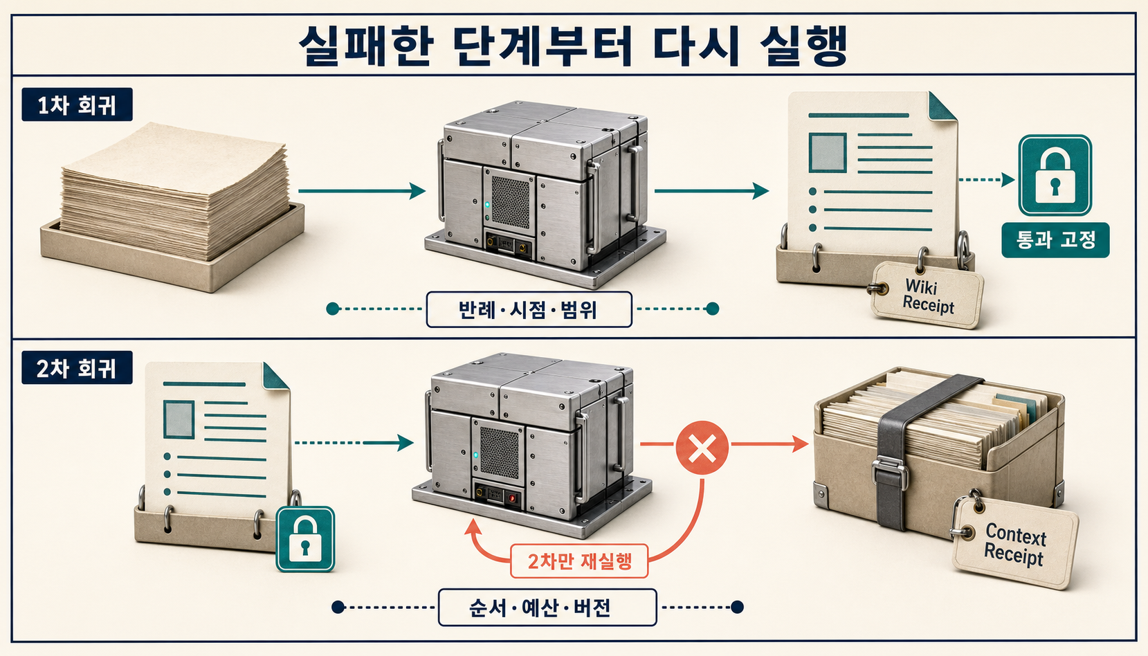 1차 Wiki 컴파일과 2차 Context 컴파일에 서로 다른 fixture·mutation·receipt를 적용하고 실패 단계만 되돌리는 회귀 실험