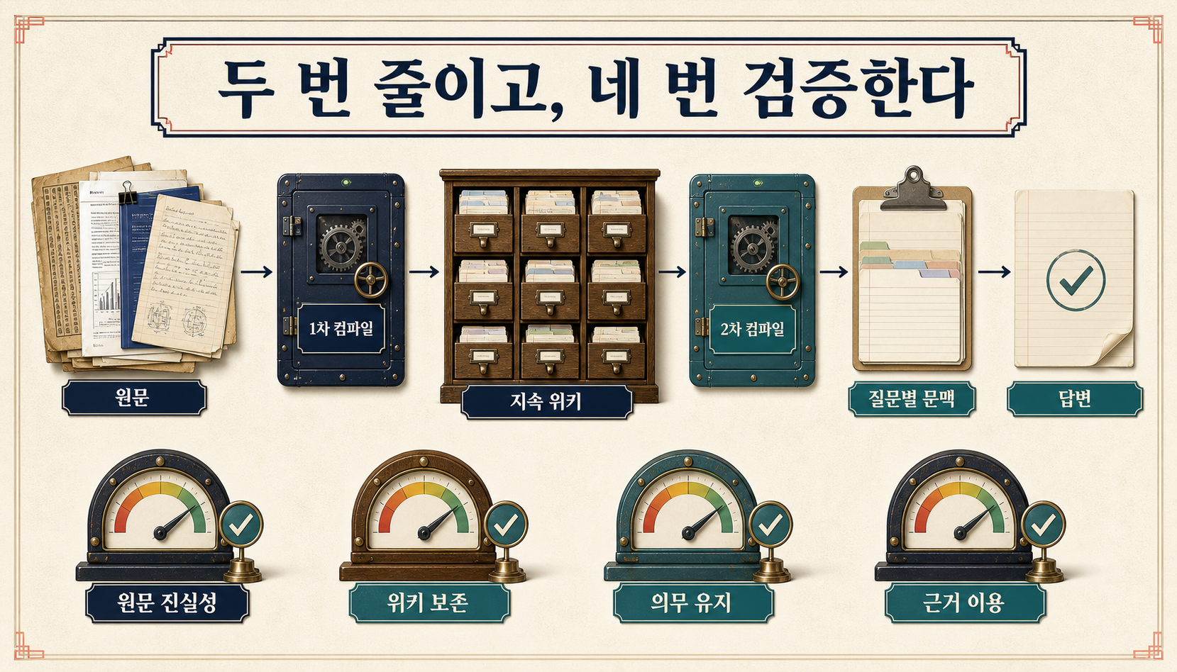 원문에서 지속 위키와 질문별 문맥을 거쳐 답변에 이르는 두 번의 컴파일과 네 검증 축