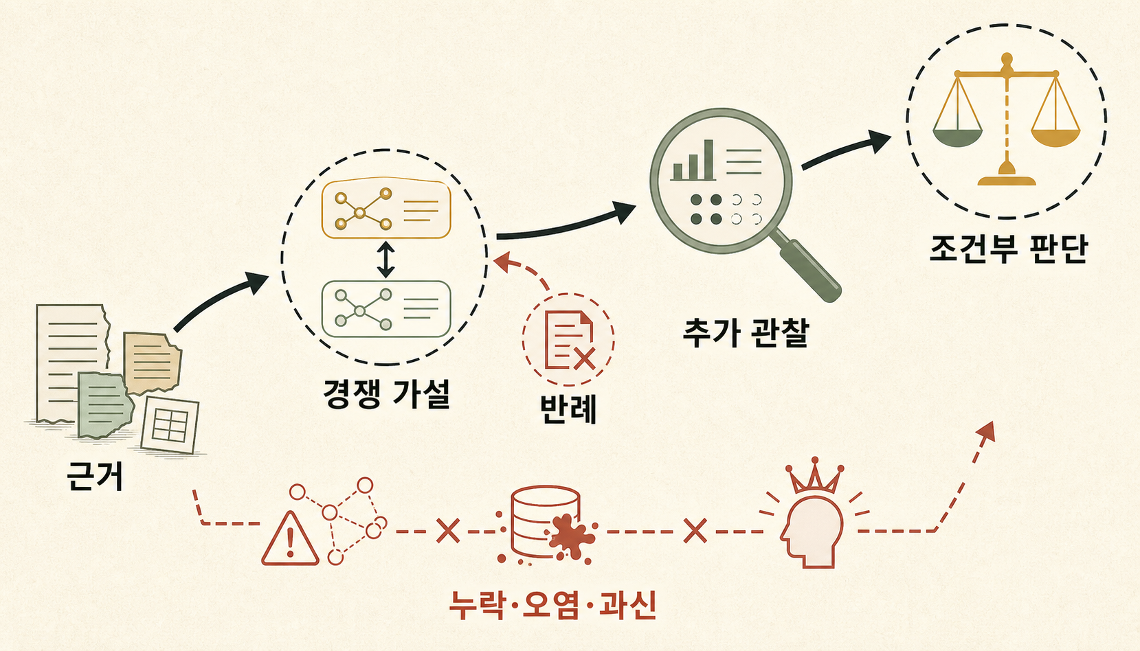 근거에서 경쟁 가설과 반례, 추가 관찰, 조건부 판단으로 이어지는 검증 경로와 누락, 오염, 과신의 실패 경계