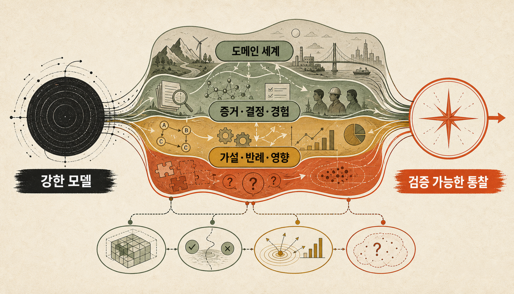 도메인 세계와 근거, 결정, 경험을 질문별 작업공간으로 조립해 검증 가능한 판단으로 연결하는 구조