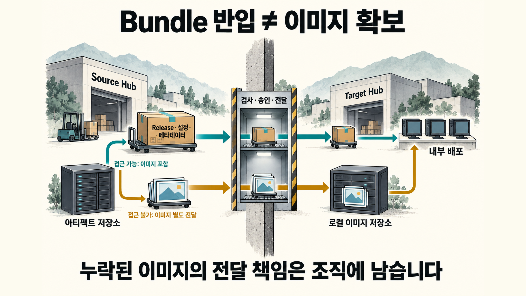 Source Hub에서 승인된 반입을 거쳐 Target Hub로 전달되는 Bundle과 별도 이미지 반입이 필요한 예외 경로