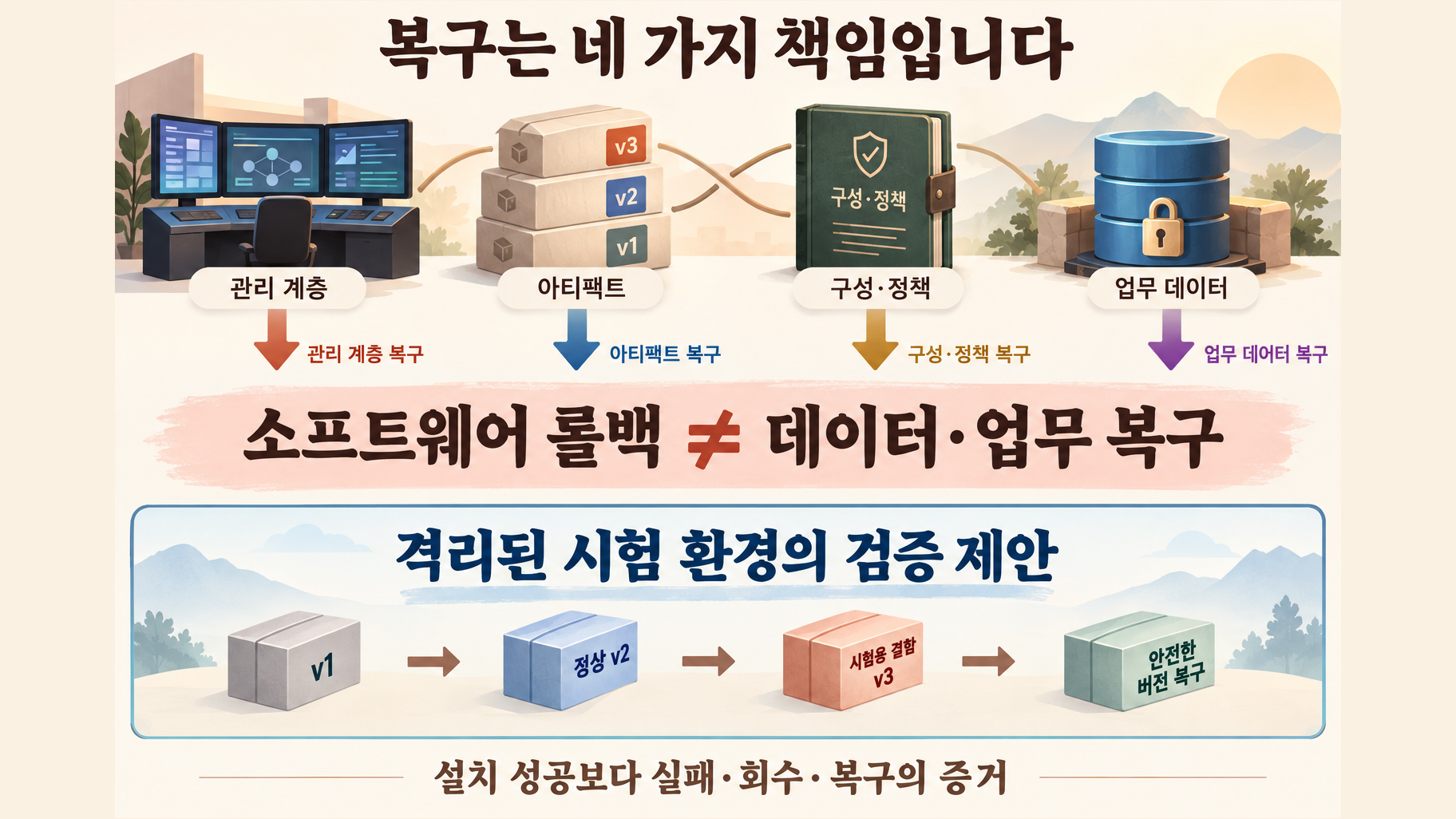 관리 계층·아티팩트·구성·데이터의 네 복구 책임과 작은 실패 실험부터 검증하는 도입 경로