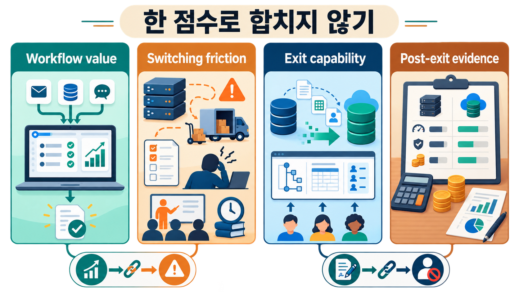 Workflow value, switching friction, exit capability와 post-exit evidence가 서로 다른 판단 축이며 어느 하나도 나머지를 대신하지 않는다는 비교 지도