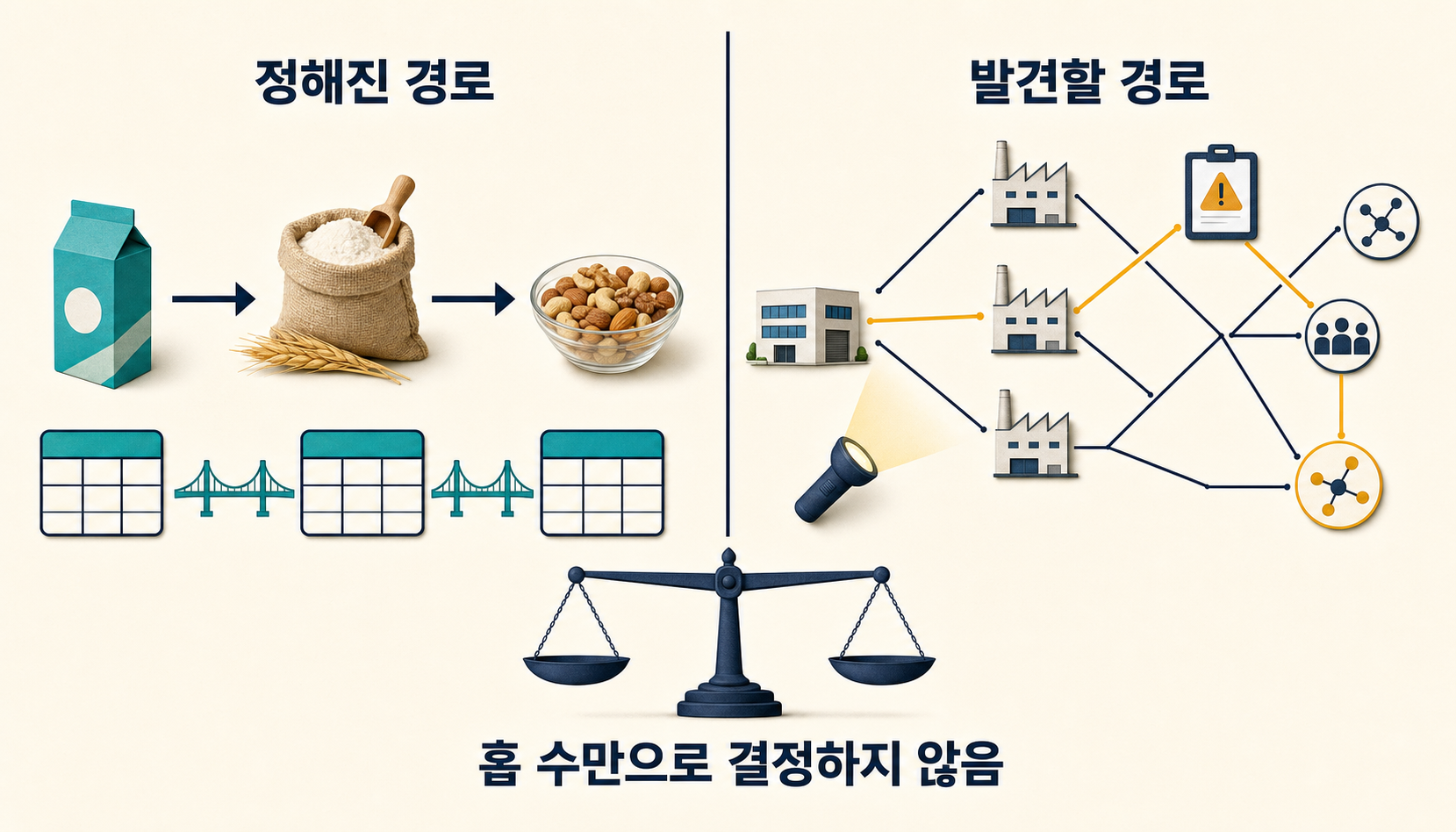 사전에 정해진 제품-원재료-알레르겐 경로와 답을 찾으며 발견해야 하는 공급망 위험 경로를 대비한 도판