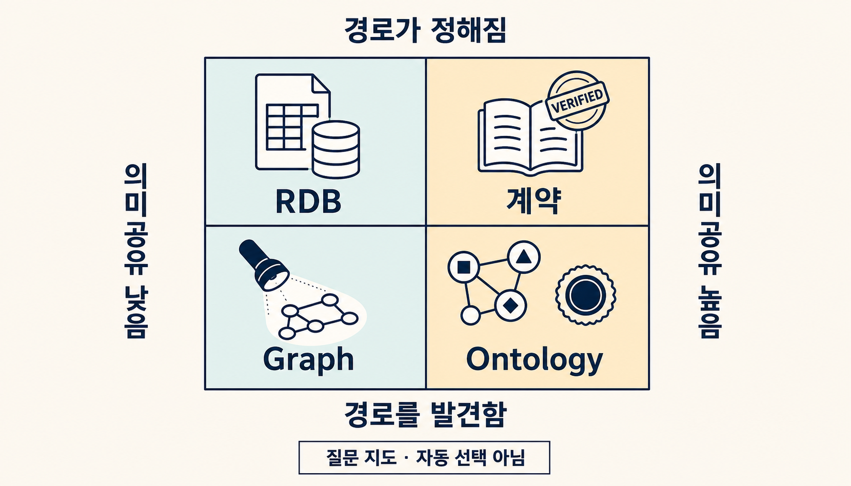 경로 예측 가능성과 의미 권위의 높고 낮음을 교차한 2×2 질문 지도와 각 영역의 최소 후보